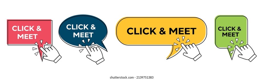 CLICK AND MEET speech bubble with hand click icon isolated on white. Click and meet