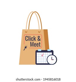 Click and meet visit time and date icon isolated on white background. Calendar and clock on shopping bag, click meet text, arrow. Flat cartoon supermarket event schedule vector illustration.