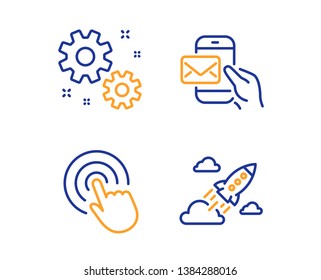 Click, Messenger mail and Work icons simple set. Startup rocket sign. Cursor pointer, New e-mail, Settings. Business innovation. Technology set. Linear click icon. Colorful design set. Vector