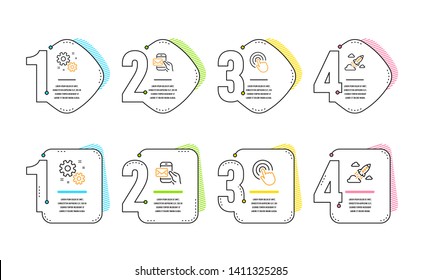 Click, Messenger mail and Work icons simple set. Startup rocket sign. Cursor pointer, New e-mail, Settings. Business innovation. Technology set. Infographic timeline. Line click icon. Vector