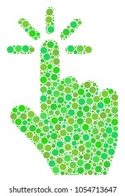 Click mosaic of circle elements in variable sizes and fresh green shades. Vector round dots are united into click mosaic. Eco vector illustration.