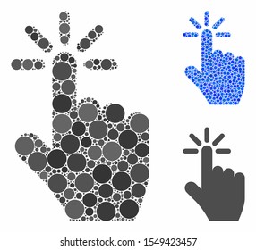 Click mosaic of filled circles in variable sizes and shades, based on click icon. Vector random circles are organized into blue mosaic. Dotted click icon in usual and blue versions.
