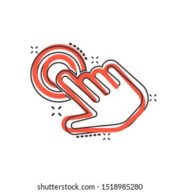 Click mouse icon in comic style. Pointer vector cartoon illustration on white isolated background. Hand push button business concept splash effect.