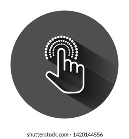 Click mouse icon in flat style. Pointer vector illustration on black round background with long shadow. Hand push button business concept.