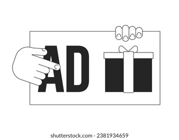 Click on advertising bw concept vector spot illustration. Ad fraud. Push on prize 2D cartoon flat line monochromatic object for web UI design. Cybercrime editable isolated outline hero image