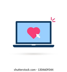 click on heart button with laptop. concept of love chat and favorite or positive message and open computer. flat simple cartoon style trend modern logo graphic design element isolated on white
