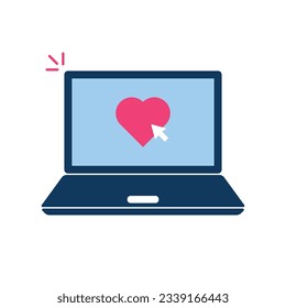 click on heart button with laptop. concept of love chat and favorite or positive message and open computer. flat simple cartoon style trend modern logo graphic design element isolated on white
