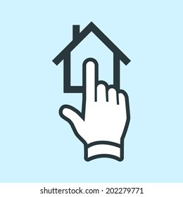 click on house with one finger vector real estate hand and house icon | modern flat design pictogram isolated on blue background