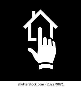 click on house with one finger vector real estate hand and house icon | modern flat design white pictogram isolated on black background