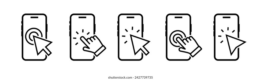 Click on the smartphone icons. Simple illustration of a click on the smartphone. Touch screen icons. Tap point, pointer on touch screen device. Hand touch screen. Cursor finger. Vector illustration