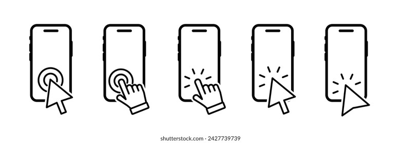 Click on the smartphone icons. Simple illustration of a click on the smartphone. Touch screen icons. Tap point, pointer on touch screen device. Hand touch screen. Cursor finger. Vector illustration