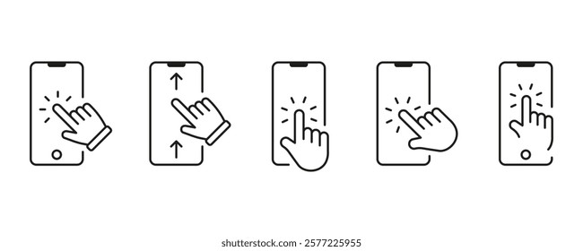 Click on the smartphone line icon set. Hand touch screen display. Touch screen icons. Tap point, pointer on touch screen outline. Cursor finger icon. Vector and transparent background