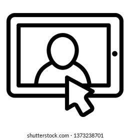 Click on the tablet icon. Outline click on the tablet vector icon for web design isolated on white background
