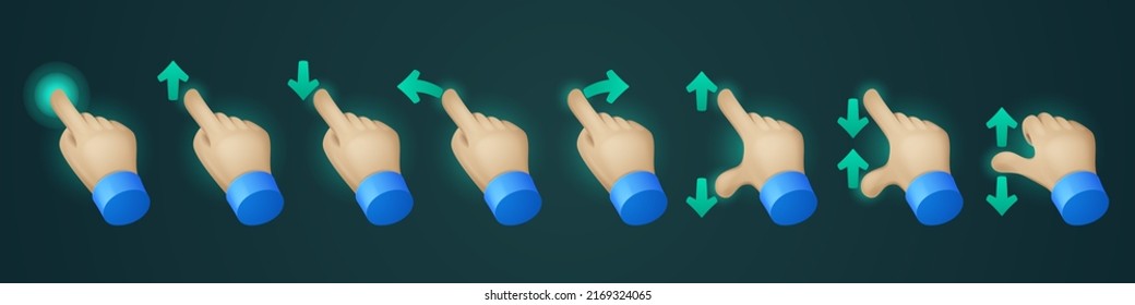Haga clic en la pantalla táctil para mostrar los iconos vectoriales. Flecha de punto de la palma con el dedo índice de empuje, desplazamiento y arrastre, deslizamiento y señalización de movimiento para dispositivo con pantalla sensorial