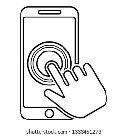 Click on touch screen smartphone Modern smartsphone with hand clicking on screen Finger click on mobile phone Action in apps cellphone Using telephone icon black color outline vector illustration 