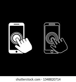 Click on touch screen smartphone Modern smartsphone with hand clicking on screen Finger click on mobile phone Action in apps cellphone Using telephone icon set white color vector