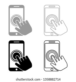 Click on touch smartphone screen.  Modern smartsphone with hand clicking on screen.  Finger click on mobile phone Action in apps cellphone Using telephone icon set black color vector illustration 