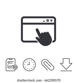 Click page icon. Browser window symbol. Website or internet sign. Report, Time and Download line signs. Paper Clip linear icon. Vector
