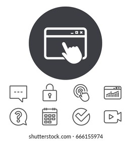 Click page icon. Browser window symbol. Website or internet sign. Calendar, Locker and Speech bubble line signs. Video camera, Statistics and Question icons. Vector