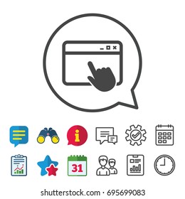 Click page icon. Browser window symbol. Website or internet sign. Information, Report and Calendar signs. Group, Service and Chat line icons. Vector