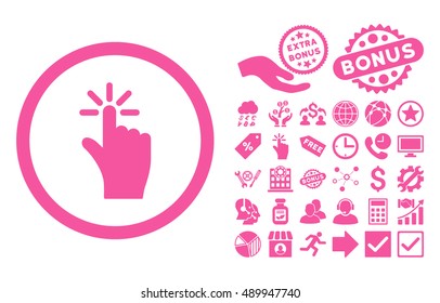Click pictograph with bonus clip art. Vector illustration style is flat iconic symbols, pink color, white background.
