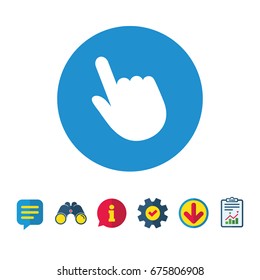 Click pointer icon. Hand with finger cursor sign symbol.  Information, Report and Speech bubble signs. Binoculars, Service and Download icons. Vector