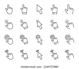 Click pointer line icons. Mouse cursor, hand finger and press here set. Computer arrow, interface tool and web point line icons. Click here, internet pointer and cursor mouse tool. Vector