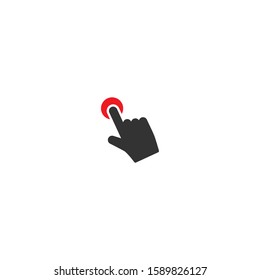 Click or push the button  pictogram. Black pointing hand with red button. isolated on white. Flat cursor icon.  Vector illustration. Point out  sign.