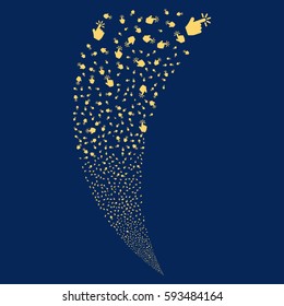 Click random fireworks stream. Vector illustration style is flat yellow iconic symbols on a blue background. Object fountain created from scattered pictographs.