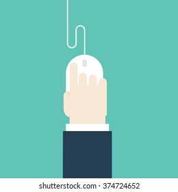 Click! Right hand of businessman is using white mouse on green background. Vector illustration flat style.