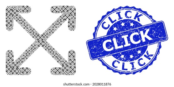 Click rubber round stamp seal and vector recursive collage enlarge arrows. Blue stamp includes Click caption inside round shape. Vector collage is done with random enlarge arrows pictograms.