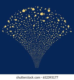 Click salute stream. Vector illustration style is flat yellow iconic symbols on a blue background. Object source fountain created from random pictograms.