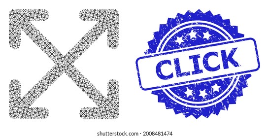 Click scratched stamp seal and vector fractal mosaic enlarge arrows. Blue stamp seal contains Click text inside rosette. Vector mosaic is created from recursive rotated enlarge arrows items.