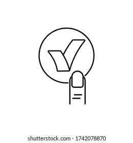 Haga clic en seleccionar y presione. Ok, marca. Icono lineal vectorial aislado en fondo blanco.