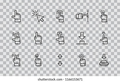 Click Set of Buttons related Vector Icons. Contains such Icons as Cursor, Mouse, Hand, Index Finger, Arrow and more. Editable Stroke. 32x32 Pixel Perfect