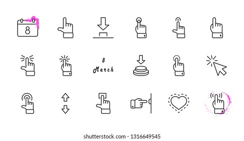 Click Set of Buttons related Vector Icons. Contains such Icons as Cursor, Mouse, Hand, Index Finger, Arrow and more. Editable Stroke. 32x32 Pixel Perfect