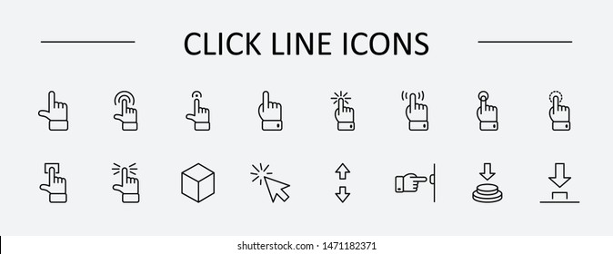 Click Set of Buttons related Vector Icons. Contains such Icons as Cursor, Mouse, Hand, Index Finger, Arrow and more. Editable Stroke. 32x32 Pixel Perfect
