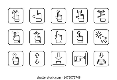 Click Set of Buttons related Vector Icons. Contains such Icons as Cursor, Mouse, Hand, Index Finger, Arrow and more. Editable Stroke. 32x32 Pixel Perfect