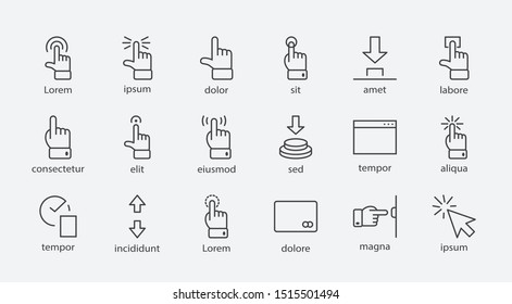 Click Set of Buttons related Vector Icons. Contains such Icons as Cursor, Mouse, Hand, Index Finger, Arrow and more. Editable Stroke. 32x32 Pixel Perfect