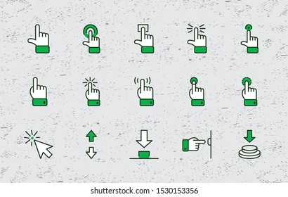 Click Set of Buttons related Vector Icons. Contains such Icons as Cursor, Mouse, Hand, Index Finger, Arrow and more. Editable Stroke. 32x32 Pixel Perfect