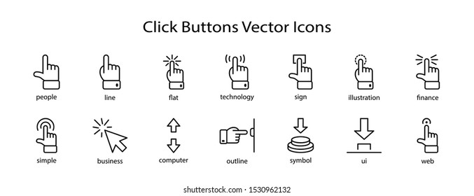 Click Set of Buttons related Vector Icons. Contains such Icons as Cursor, Mouse, Hand, Index Finger, Arrow and more. Editable Stroke. 32x32 Pixel Perfect