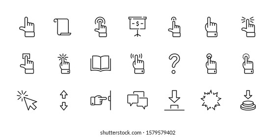 Click Set of Buttons related Vector Icons. Contains such Icons as Cursor, Mouse, Hand, Index Finger, Arrow and more. Editable Stroke. 32x32 Pixel Perfect