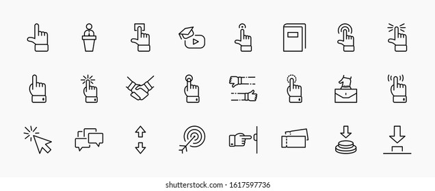 Click Set of Buttons related Vector Icons. Contains such Icons as Cursor, Mouse, Hand, Index Finger, Arrow and more. Editable Stroke. 32x32 Pixel Perfect
