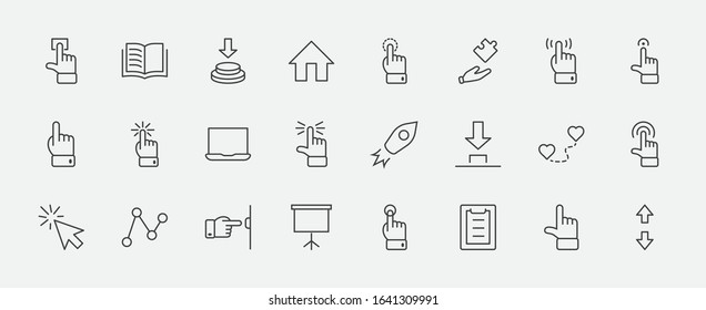 Click Set of Buttons related Vector Icons. Contains such Icons as Cursor, Mouse, Hand, Index Finger, Arrow and more. Editable Stroke. 32x32 Pixels