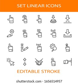 Click Set of Buttons related Vector Icons. Contains such Icons as Cursor, Mouse, Hand, Index Finger, Arrow and more. Editable Stroke. 32x32 Pixels