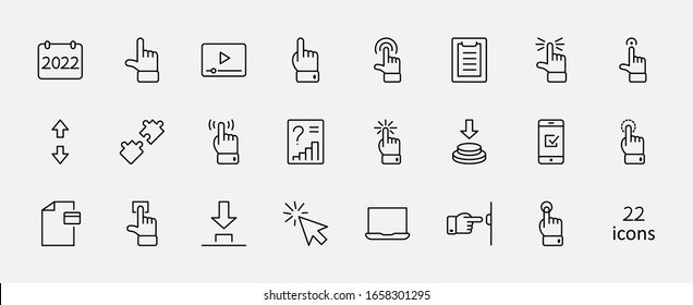 Click Set of Buttons related Vector Icons. Contains such Icons as Cursor, Mouse, Hand, Index Finger, Arrow and more. Editable Stroke. 32x32 Pixels