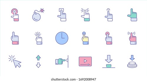 Click Set of Buttons related Vector Icons. Contains such Icons as Cursor, Mouse, Hand, Index Finger, Arrow and more. Editable Stroke. 32x32 Pixel Perfect