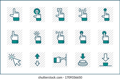 Click Set of Buttons related Vector Icons. Contains such Icons as Cursor, Mouse, Hand, Index Finger, Arrow and more. Editable Stroke. 32x32 Pixel Perfect