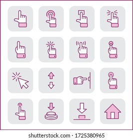 Click Set of Buttons related Vector Icons. Contains such Icons as Cursor, Mouse, Hand, Index Finger, Arrow and more. Editable Stroke. 32x32 Pixel Perfect