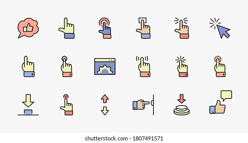 Click Set of Buttons related Vector Icons. Contains such Icons as Cursor, Mouse, Hand, Index Finger, Arrow and more. Editable Stroke. 32x32 Pixel Perfect
